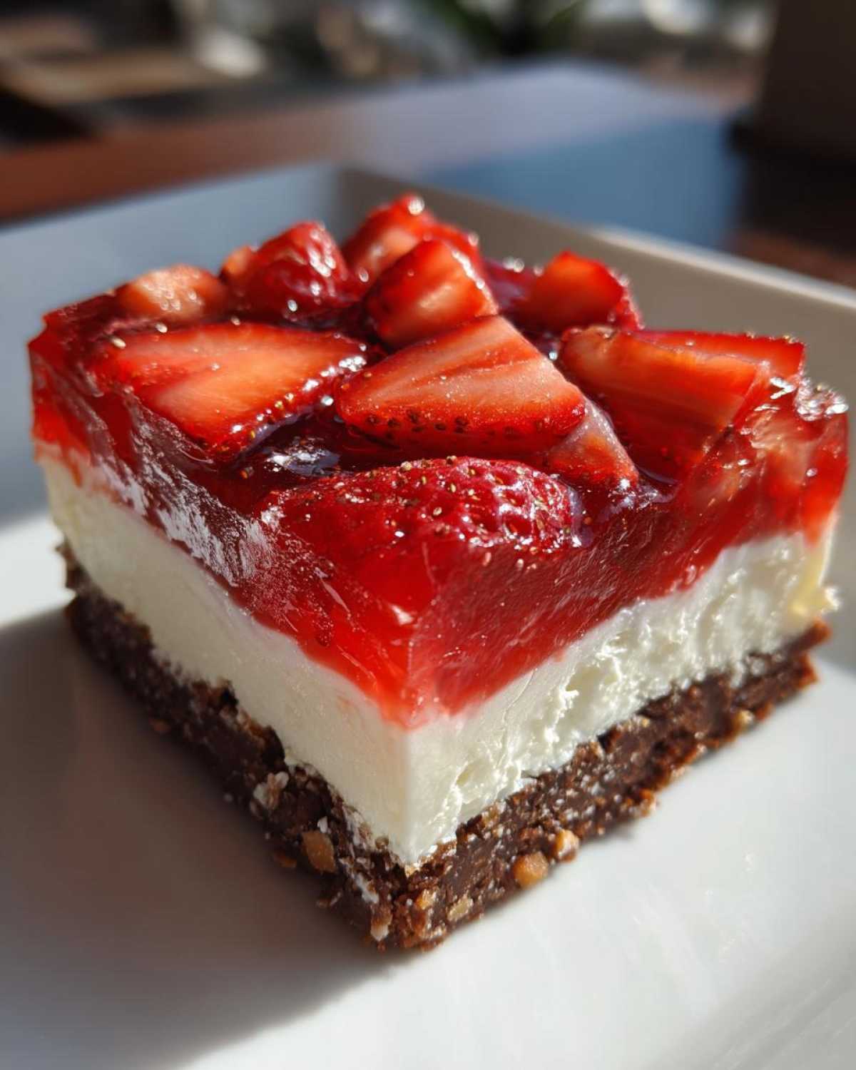 Close-up of a single square of No-Bake Strawberry Pretzel Dessert Bars showing three distinct layers.