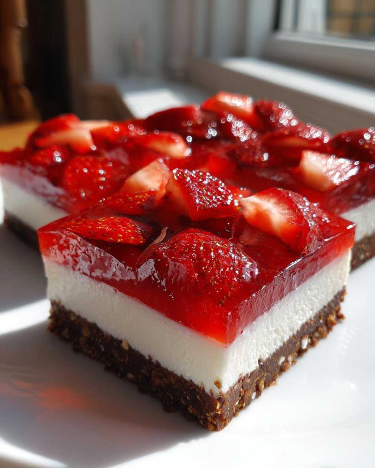 Close-up of a perfect slice of No-Bake Strawberry Pretzel Dessert Bars showing three distinct layers.