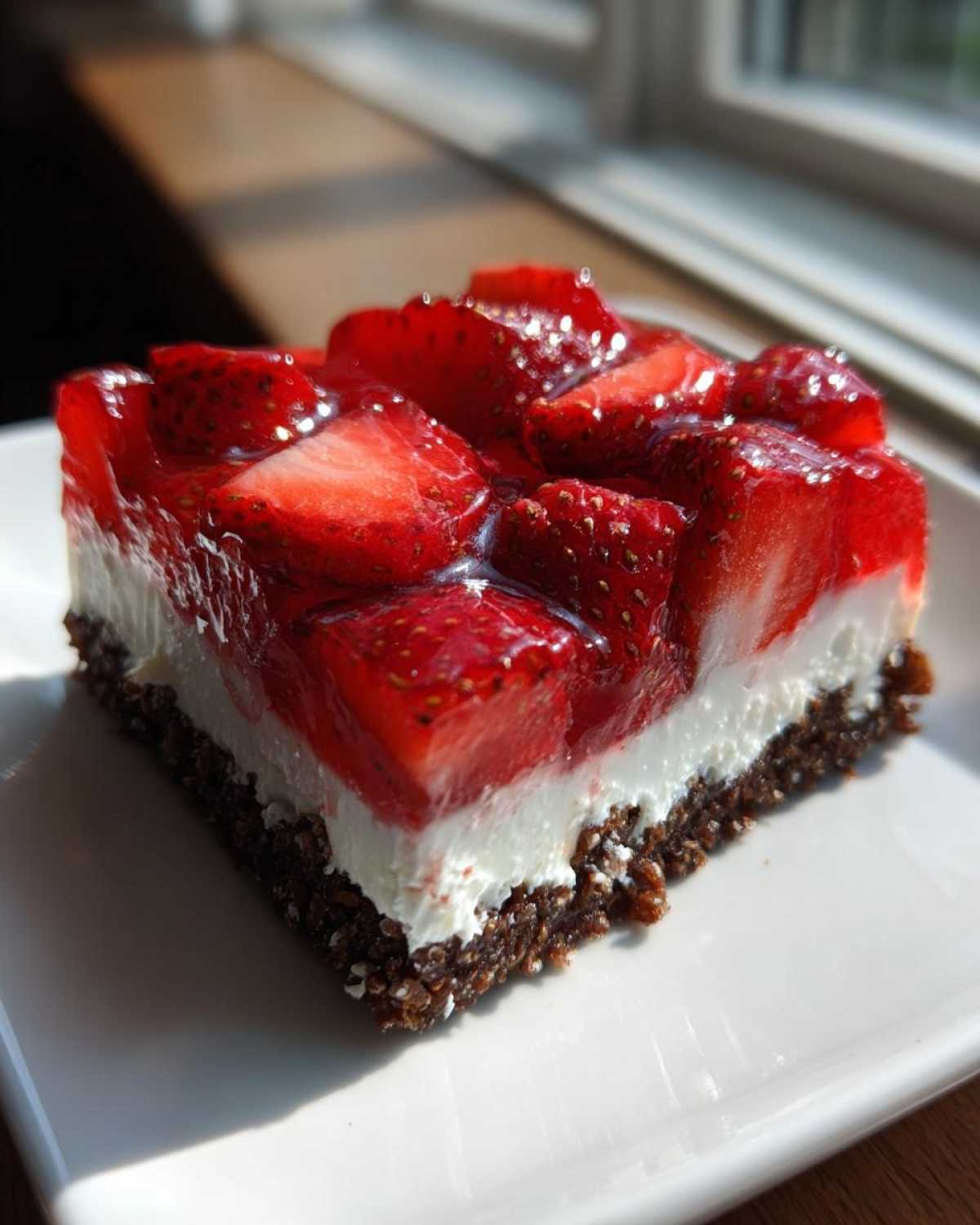 Close-up of a single serving of No-Bake Strawberry Pretzel Dessert Bars showing three distinct layers.