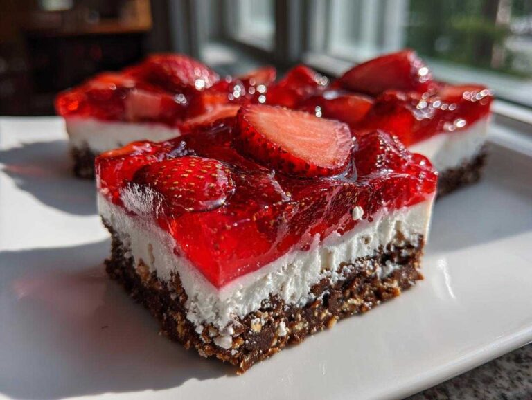 Close-up of a layered No-Bake Strawberry Pretzel Dessert Bars slice showing pretzel crust, cream cheese layer, and strawberry gelatin topping.