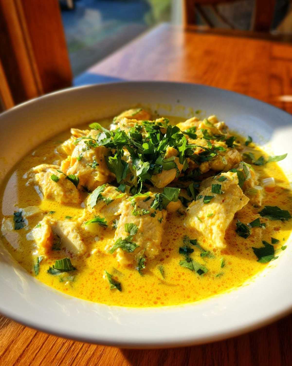 A white bowl filled with One-Pan Creamy Coconut Lime Chicken in a vibrant yellow sauce, topped with fresh chopped parsley.