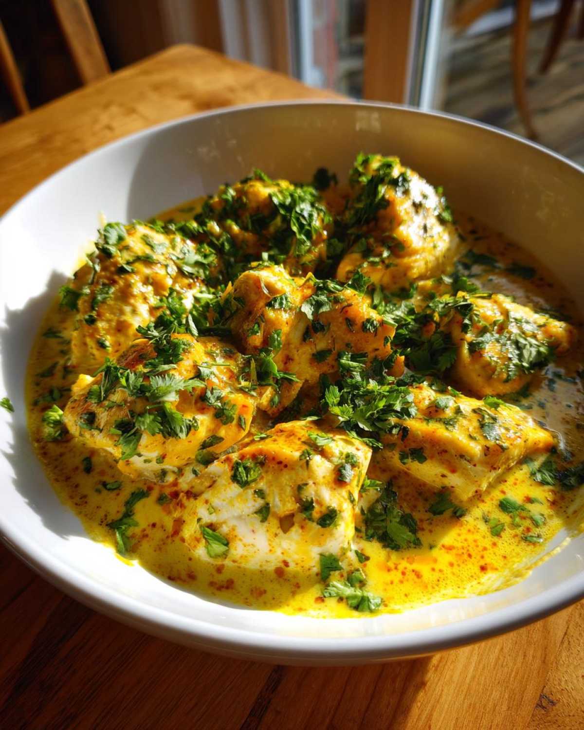 Close-up of One-Pan Creamy Coconut Lime Chicken pieces coated in a rich, yellow coconut sauce and topped with fresh chopped parsley.