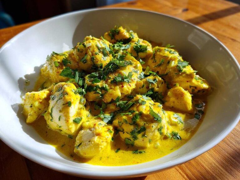 Close-up of chunks of One-Pan Creamy Coconut Lime Chicken coated in a vibrant yellow sauce and topped with fresh cilantro.