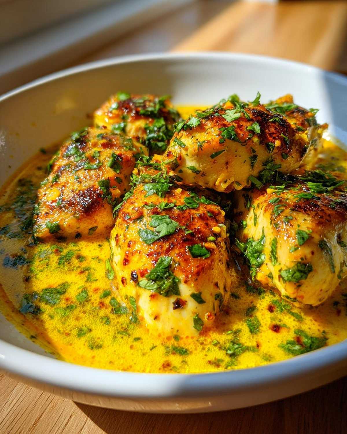 Close-up of seared chicken pieces in a vibrant yellow, creamy coconut lime sauce, garnished with fresh cilantro.