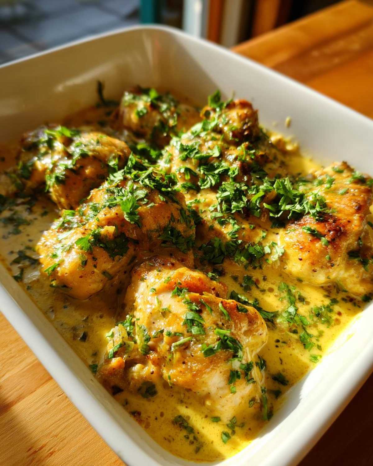 Golden chicken pieces swimming in a creamy sauce, garnished with fresh parsley, representing One-Pan Creamy Coconut Lime Chicken.