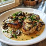 Two seared pork chops smothered in a creamy Dijon sauce with sautéed mushrooms and fresh parsley.