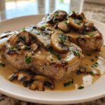 Two seared pork chops covered in a creamy Dijon sauce and topped with sautéed mushrooms and parsley.