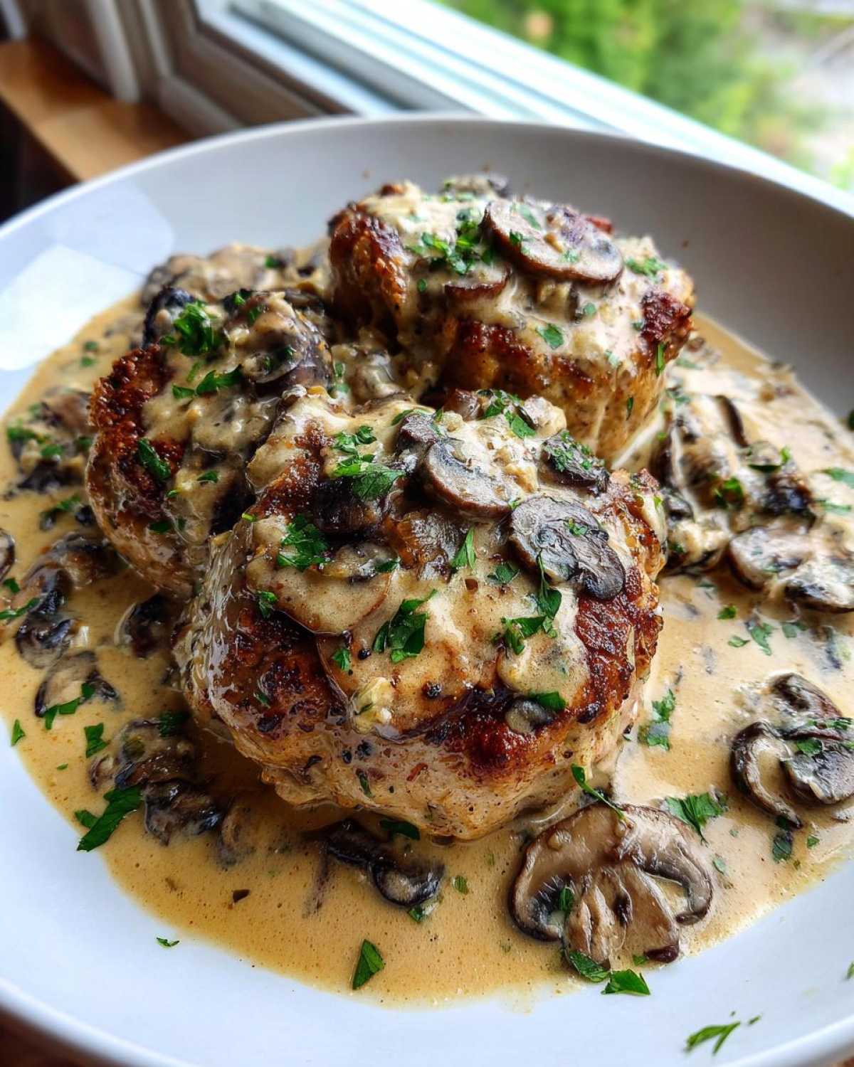 Three golden-brown One-Pan Creamy Dijon Pork Chops smothered in a rich mushroom cream sauce and garnished with parsley.