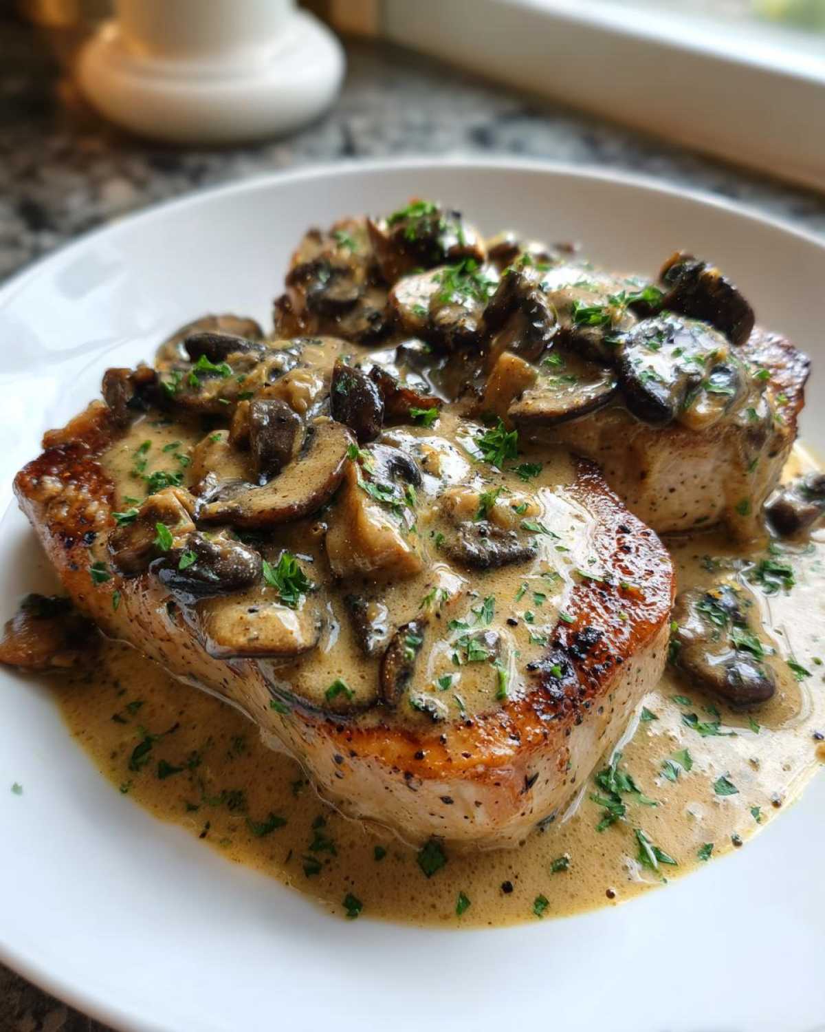 Two seared pork chops smothered in a creamy Dijon mushroom sauce, garnished with parsley.