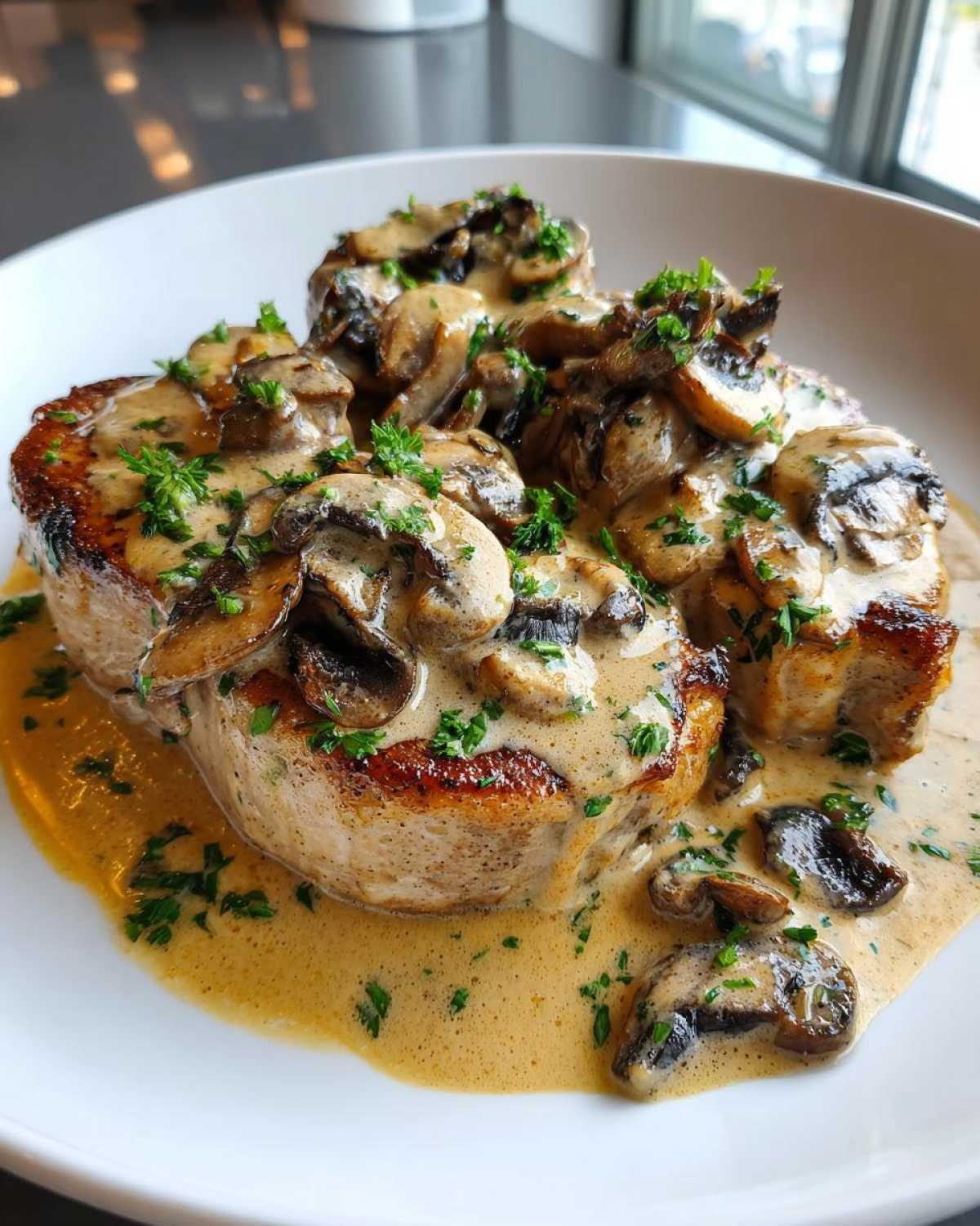 Three seared pork chops smothered in a creamy Dijon sauce with sliced mushrooms and fresh parsley.