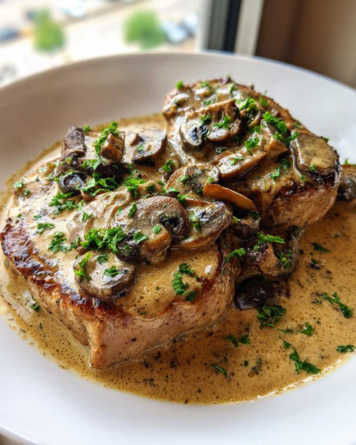 Two perfectly cooked One-Pan Creamy Dijon Pork Chops with Mushrooms smothered in a rich, creamy sauce and garnished with parsley.