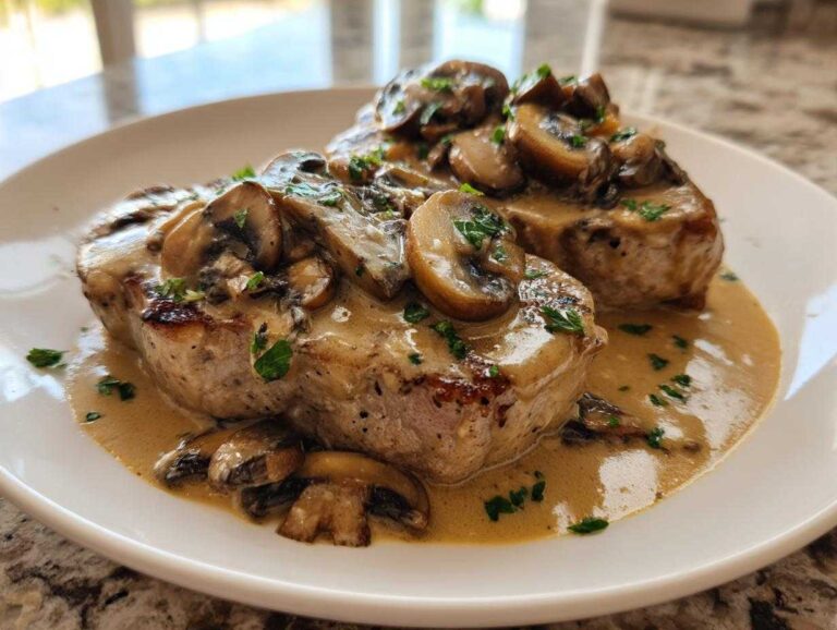 Two seared pork chops covered in a creamy Dijon sauce and topped with sautéed mushrooms and parsley.