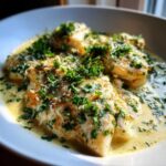 Close-up of One-Pan Creamy Garlic Butter Tilapia fillets covered in rich sauce, fresh parsley, and grated cheese.