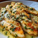 Close-up of golden-brown One-Pan Creamy Garlic Butter Tilapia fillets covered in a rich garlic butter sauce and fresh parsley.
