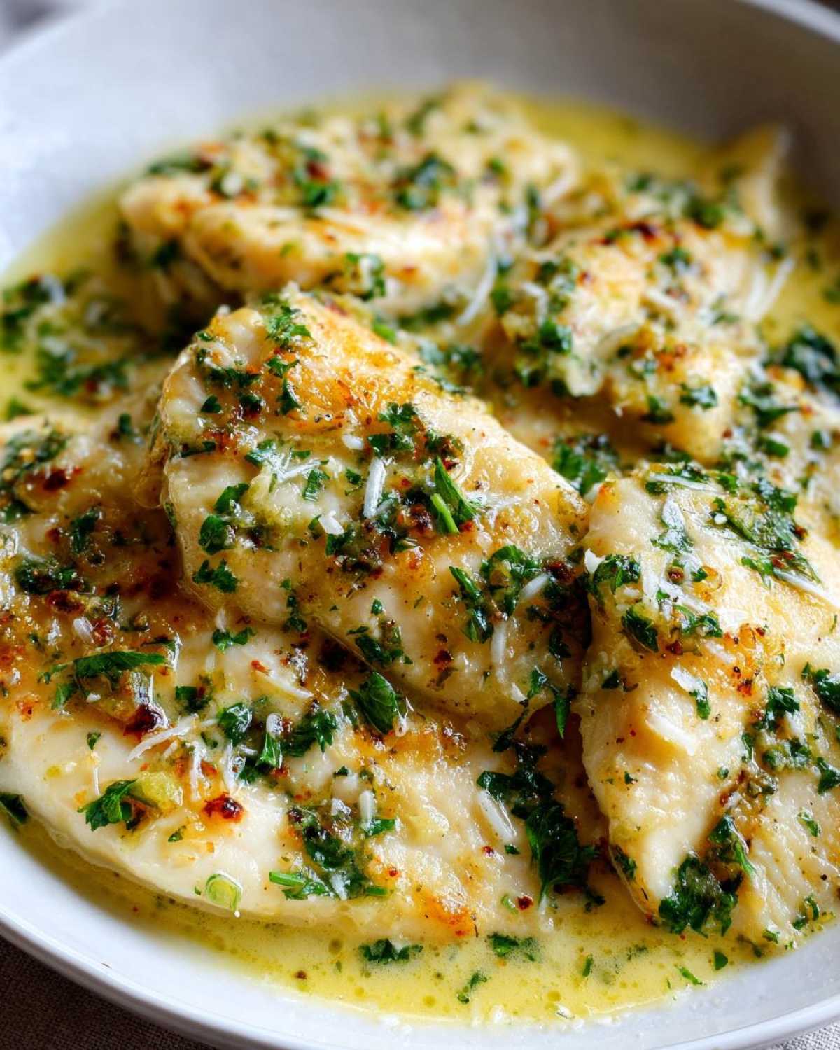 Close-up of tender tilapia fillets smothered in a rich, creamy garlic butter sauce and topped with fresh parsley.