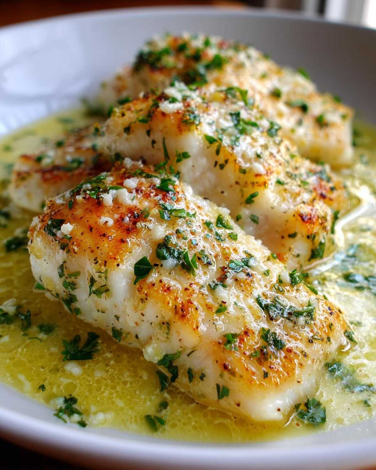 Three golden-seared tilapia fillets swimming in a rich, creamy garlic butter sauce, topped with fresh parsley.