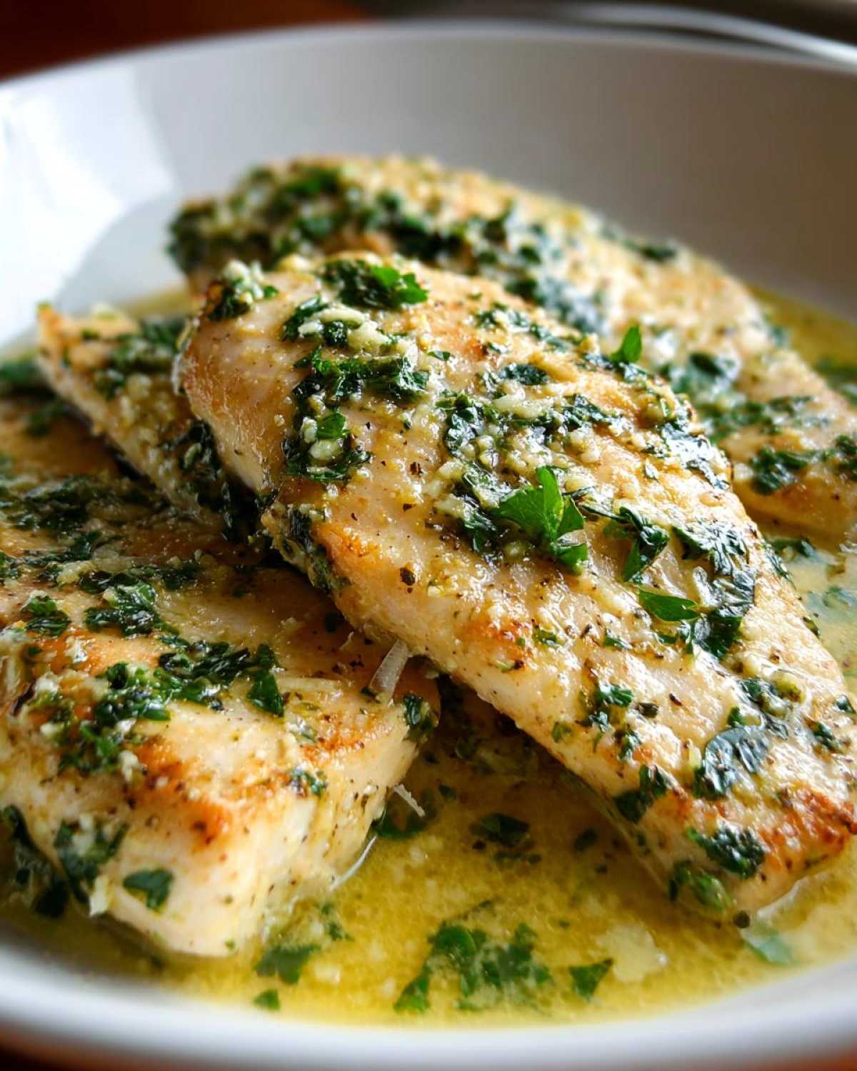 Close-up of three golden-brown tilapia fillets swimming in a rich, creamy garlic butter sauce topped with fresh parsley.