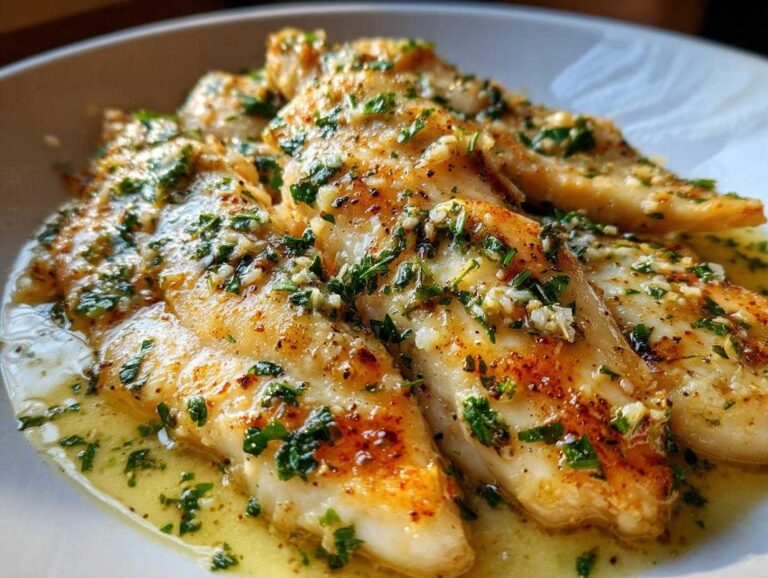 Amazing 1-Pan Creamy Garlic Butter Tilapia Close-up of golden-brown One-Pan Creamy Garlic Butter Tilapia fillets covered in a rich garlic butter sauce and fresh parsley.