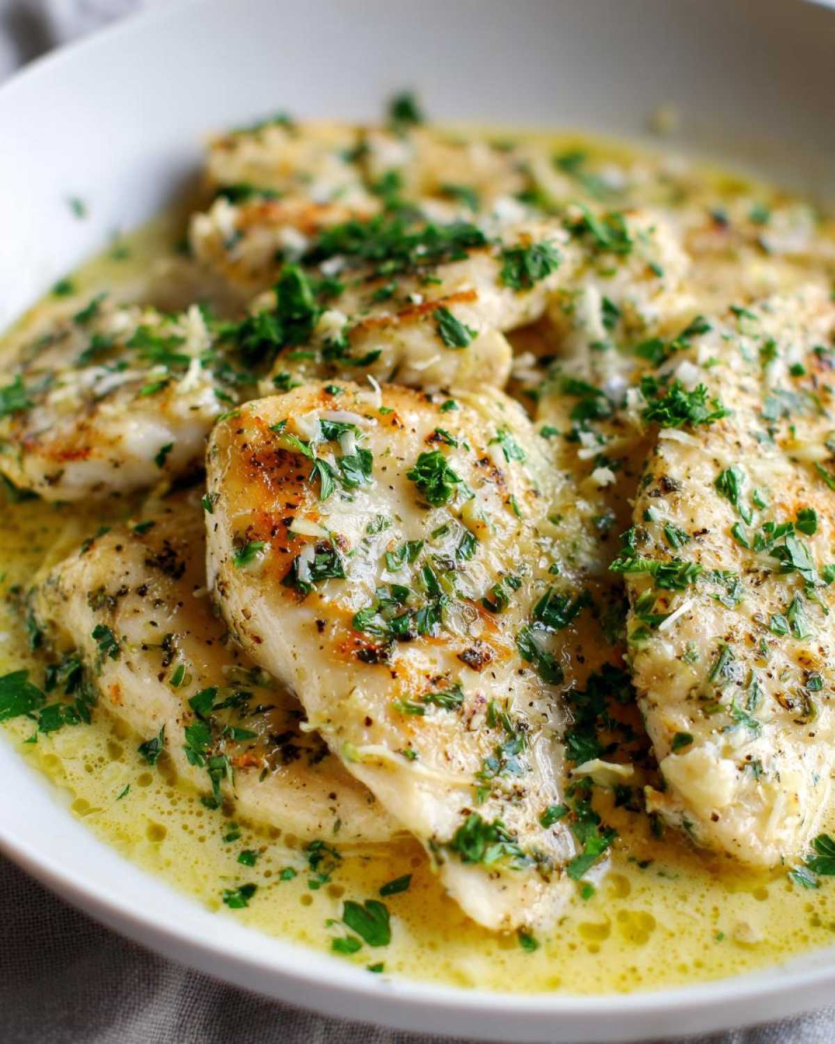 Close-up of pan-seared fish fillets in a creamy garlic butter sauce, garnished with fresh parsley, similar to One-Pan Creamy Garlic Butter Tilapia.