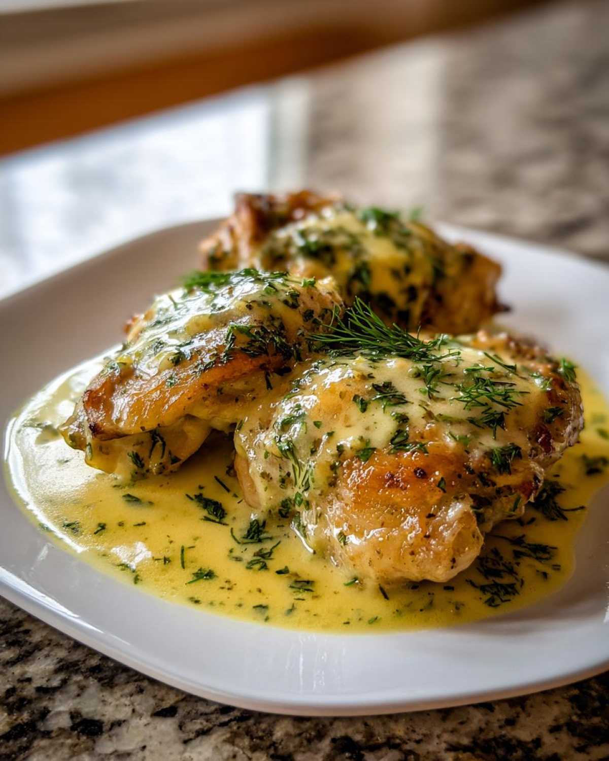 Three pieces of golden-brown One-Pan Creamy Lemon Dill Chicken Thighs covered in a rich, yellow sauce and fresh dill.