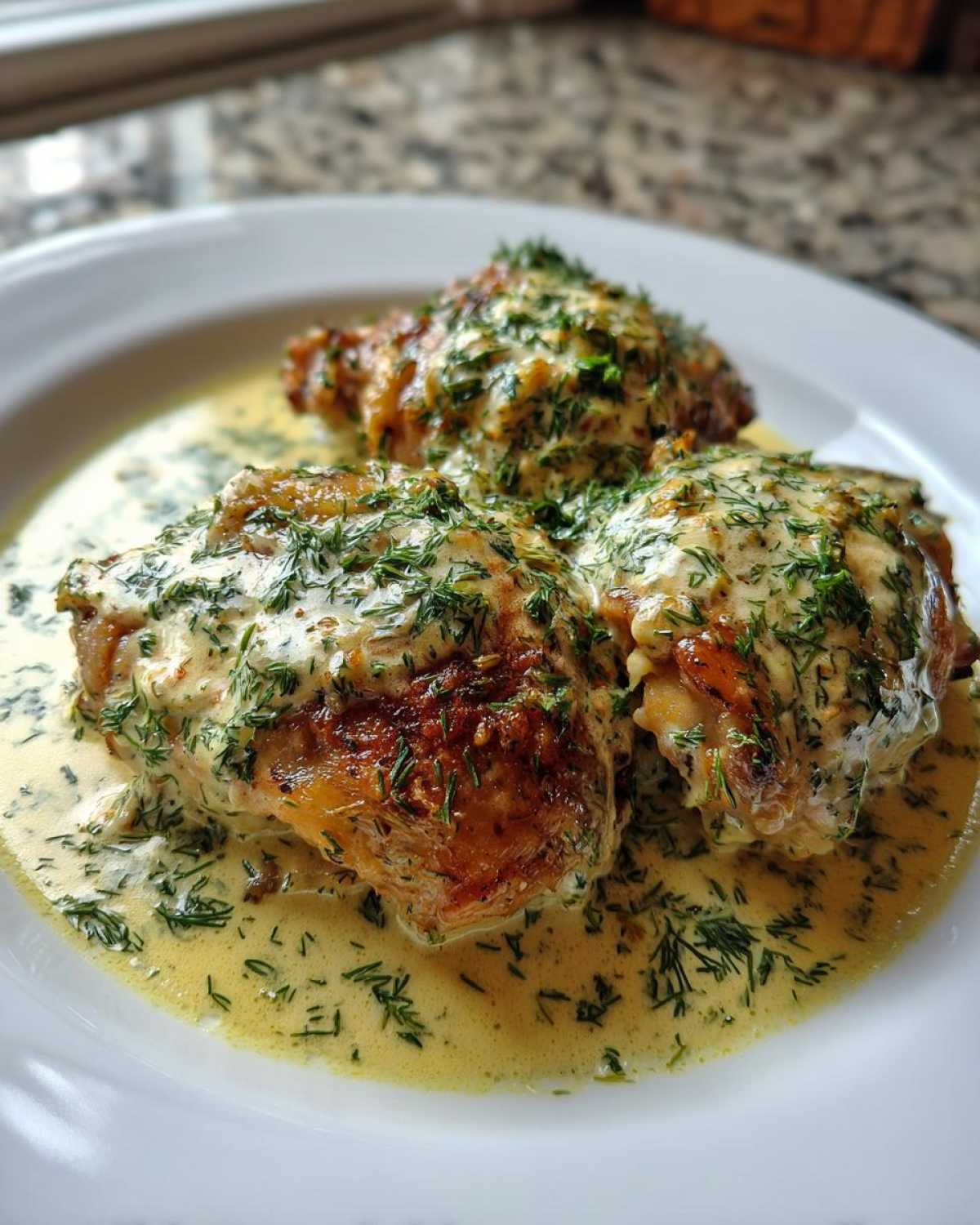 Three browned chicken thighs covered in a creamy lemon dill sauce and fresh dill, served on a white plate.