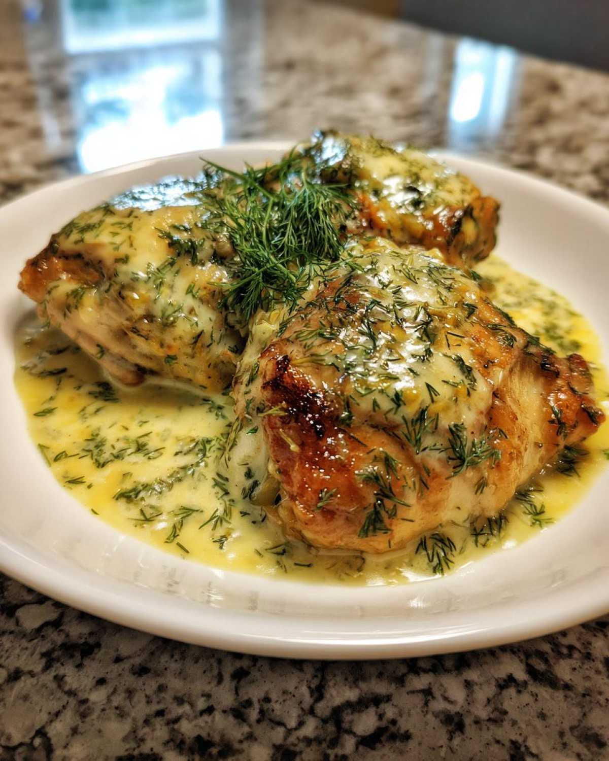 Two golden-brown One-Pan Creamy Lemon Dill Chicken Thighs covered in a rich, creamy sauce and fresh dill.