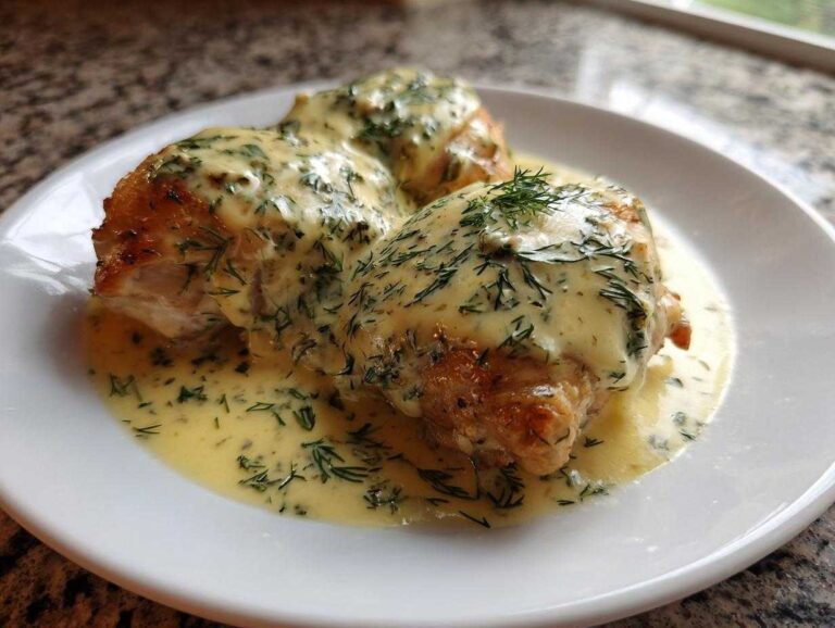 Three pieces of One-Pan Creamy Lemon Dill Chicken Thighs generously covered in a rich, pale yellow sauce speckled with fresh dill.