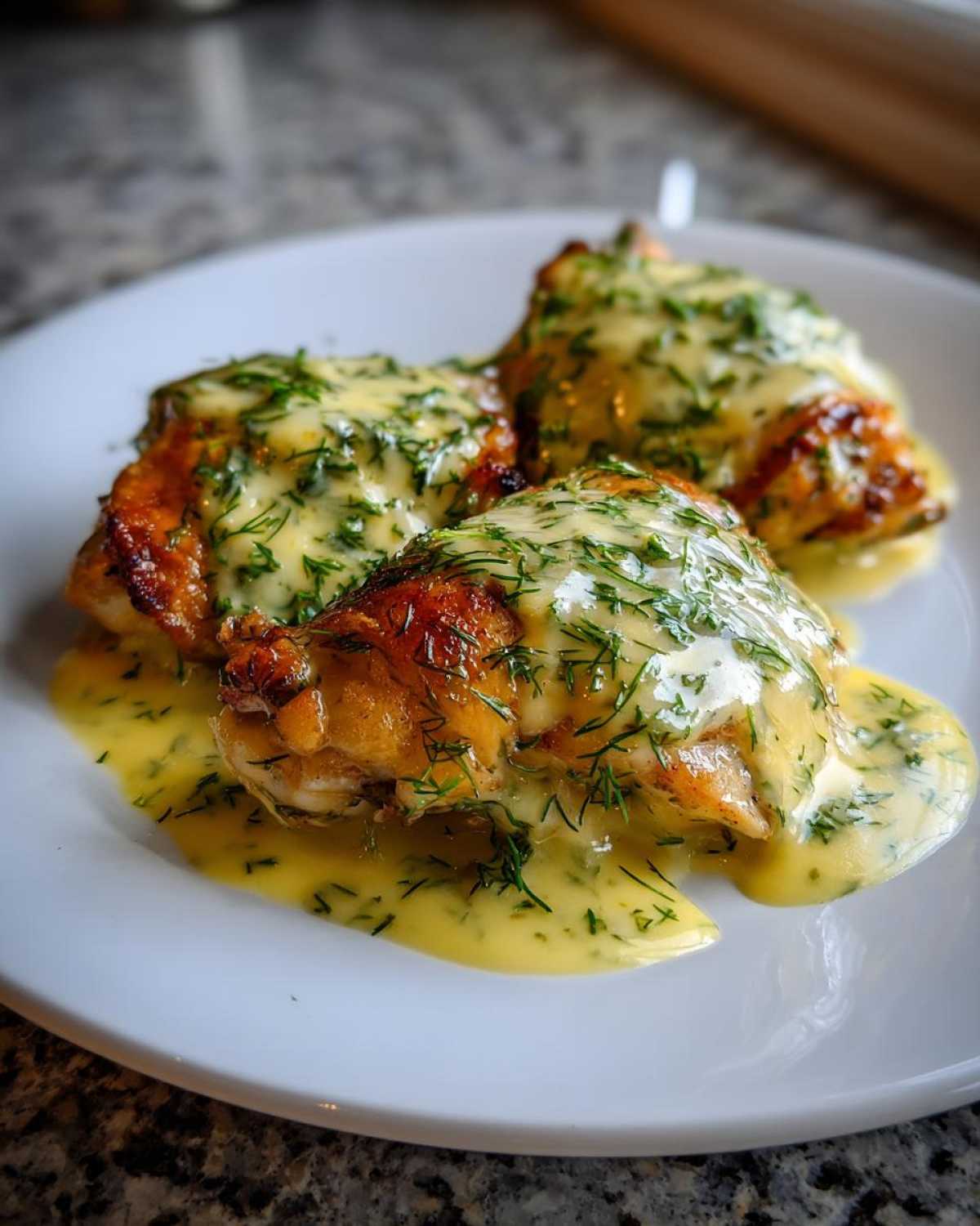 Three pieces of One-Pan Creamy Lemon Dill Chicken Thighs covered in a rich, yellow sauce and fresh dill.