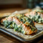A close-up of baked One-Pan Creamy Spinach Feta Stuffed Salmon, oozing with melted cheese and spinach filling.