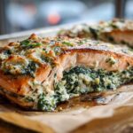 Close-up of a perfectly baked One-Pan Creamy Spinach Feta Stuffed Salmon fillet, showing the creamy filling oozing out.