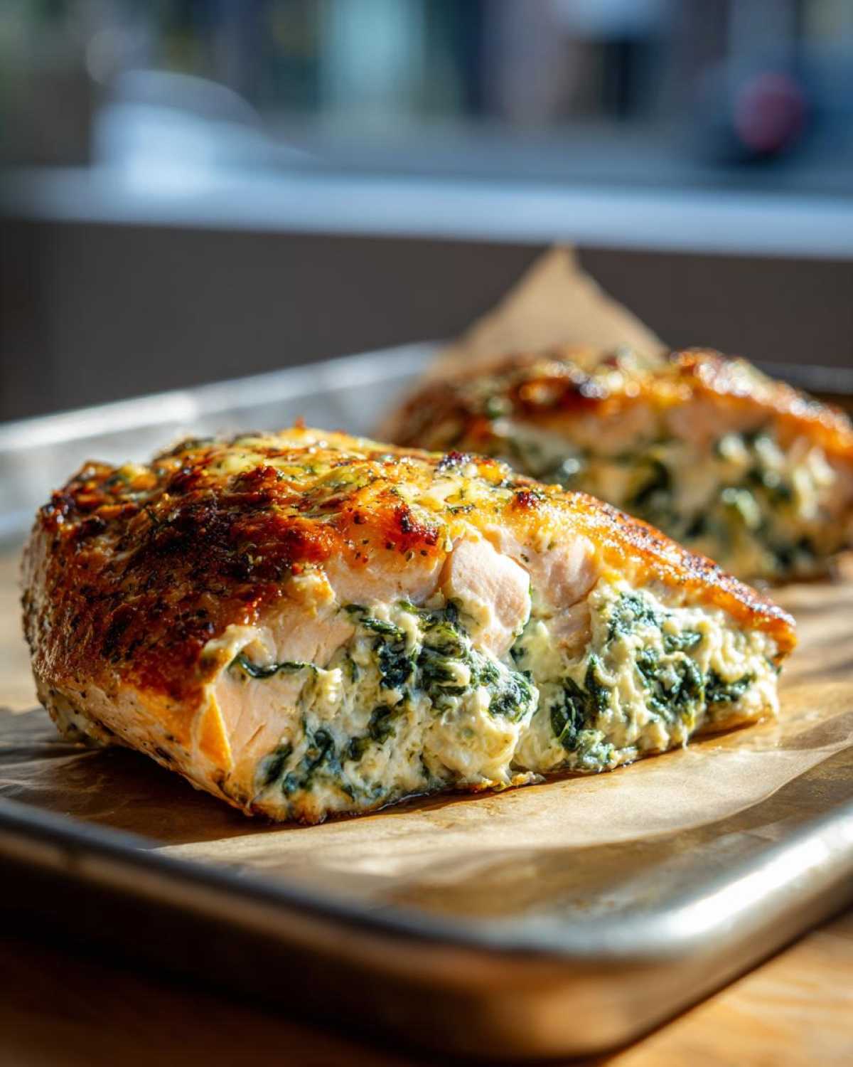 Close-up of a cooked One-Pan Creamy Spinach Feta Stuffed Salmon fillet, showing the creamy green filling inside the flaky salmon.