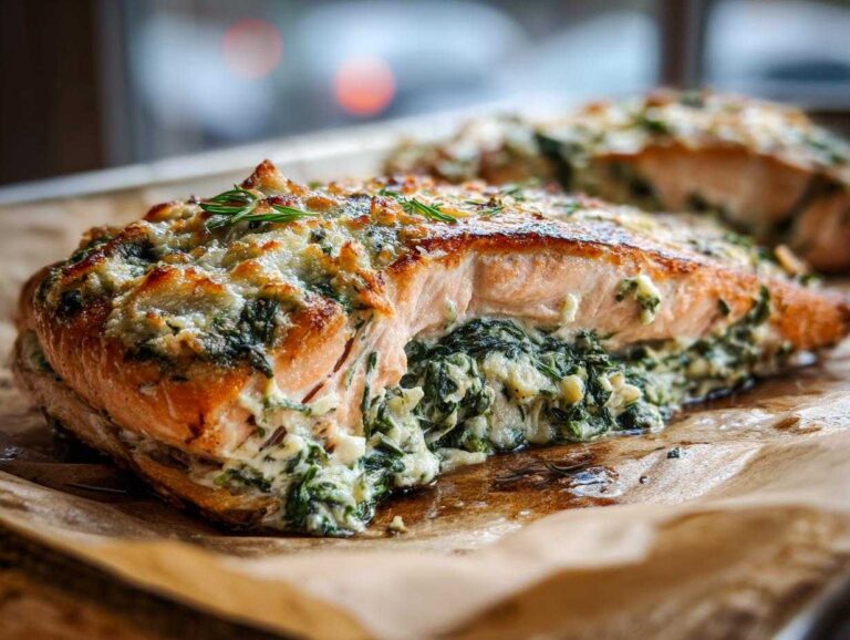 Close-up of a perfectly baked One-Pan Creamy Spinach Feta Stuffed Salmon fillet, showing the creamy filling oozing out.