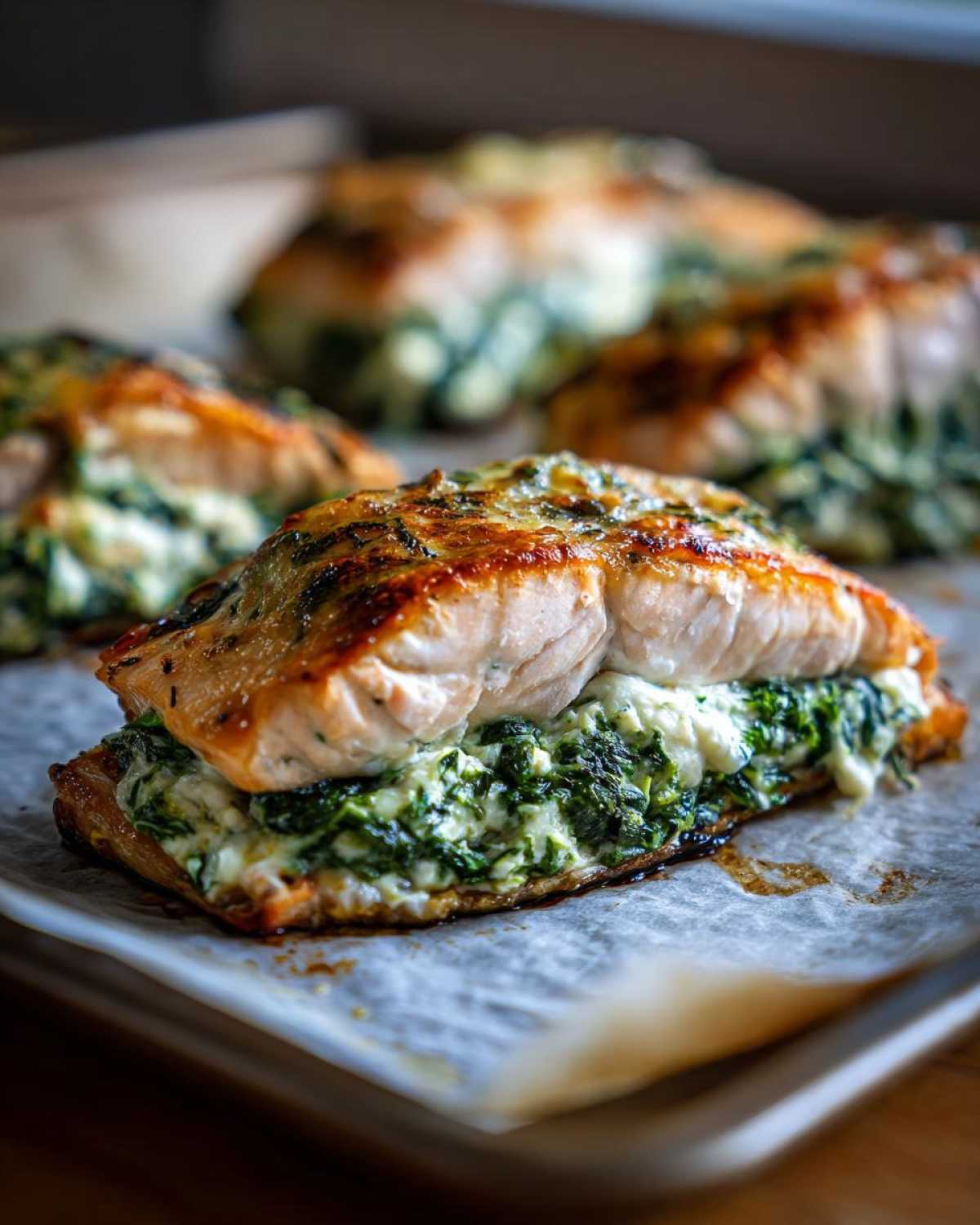 Close-up of a perfectly cooked One-Pan Creamy Spinach Feta Stuffed Salmon fillet resting on parchment paper.