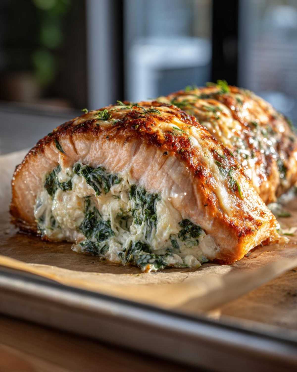 A cross-section view of baked One-Pan Creamy Spinach Feta Stuffed Salmon, showing the rich filling inside the perfectly cooked fish.