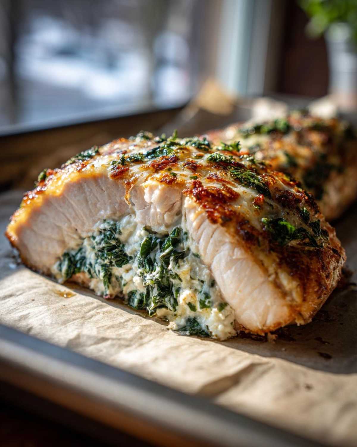Cross-section view of a baked One-Pan Creamy Spinach Feta Stuffed Salmon fillet showing the rich filling.