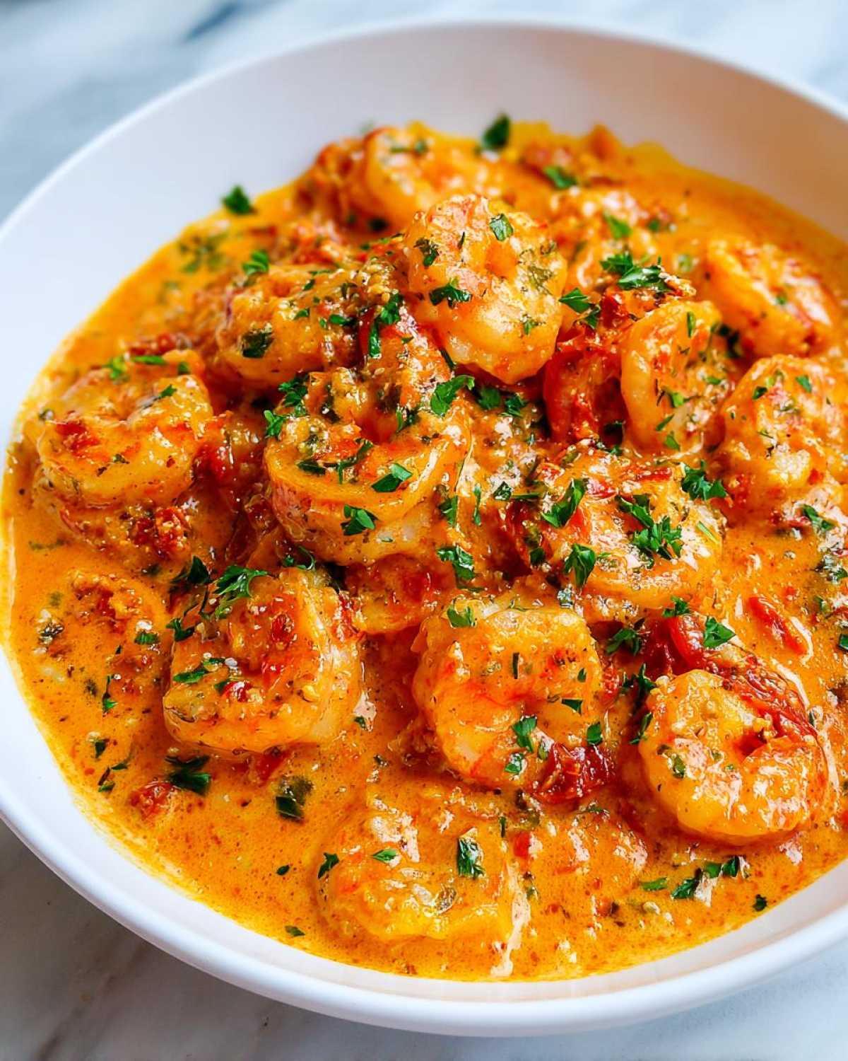 A close-up shot of rich, orange-hued One-Pan Creamy Sun-Dried Tomato Shrimp garnished with fresh parsley in a white bowl.