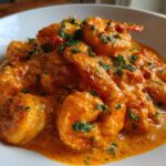 Close-up of succulent shrimp coated in a rich, orange-hued creamy sun-dried tomato sauce, garnished with parsley.
