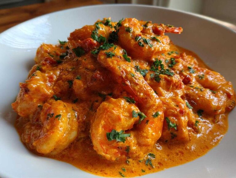 Close-up of succulent shrimp coated in a rich, orange-hued creamy sun-dried tomato sauce, garnished with parsley.