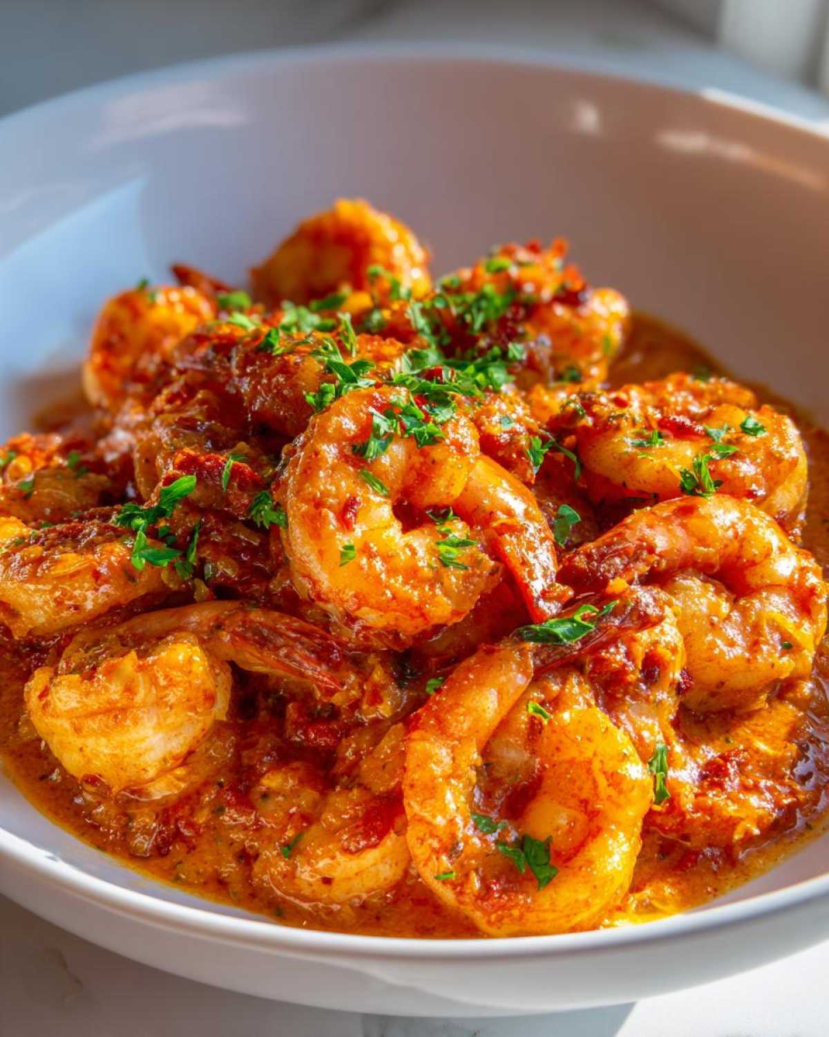 Close-up of plump shrimp coated in a rich, creamy sun-dried tomato sauce, garnished with fresh parsley.