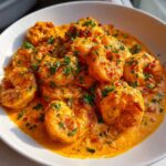 Plump shrimp coated in a rich, creamy sun-dried tomato sauce, garnished with fresh parsley, ready to eat.