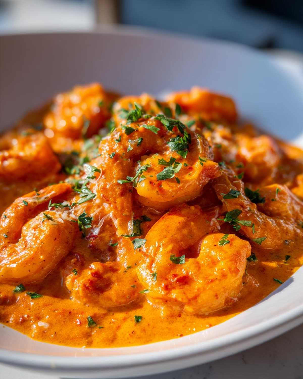 Close-up of plump shrimp coated in a rich, orange, creamy sun-dried tomato sauce, garnished with fresh parsley.