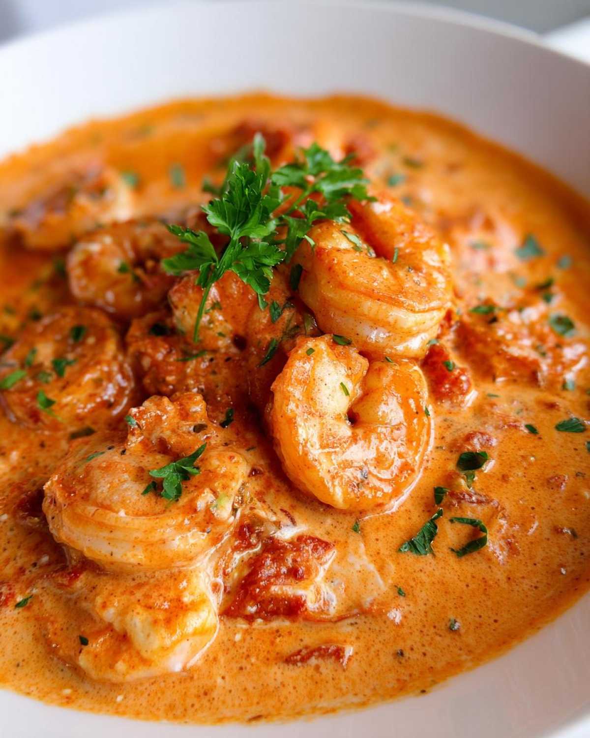 Close-up of succulent shrimp swimming in a rich, orange-hued creamy sun-dried tomato sauce, garnished with fresh parsley.