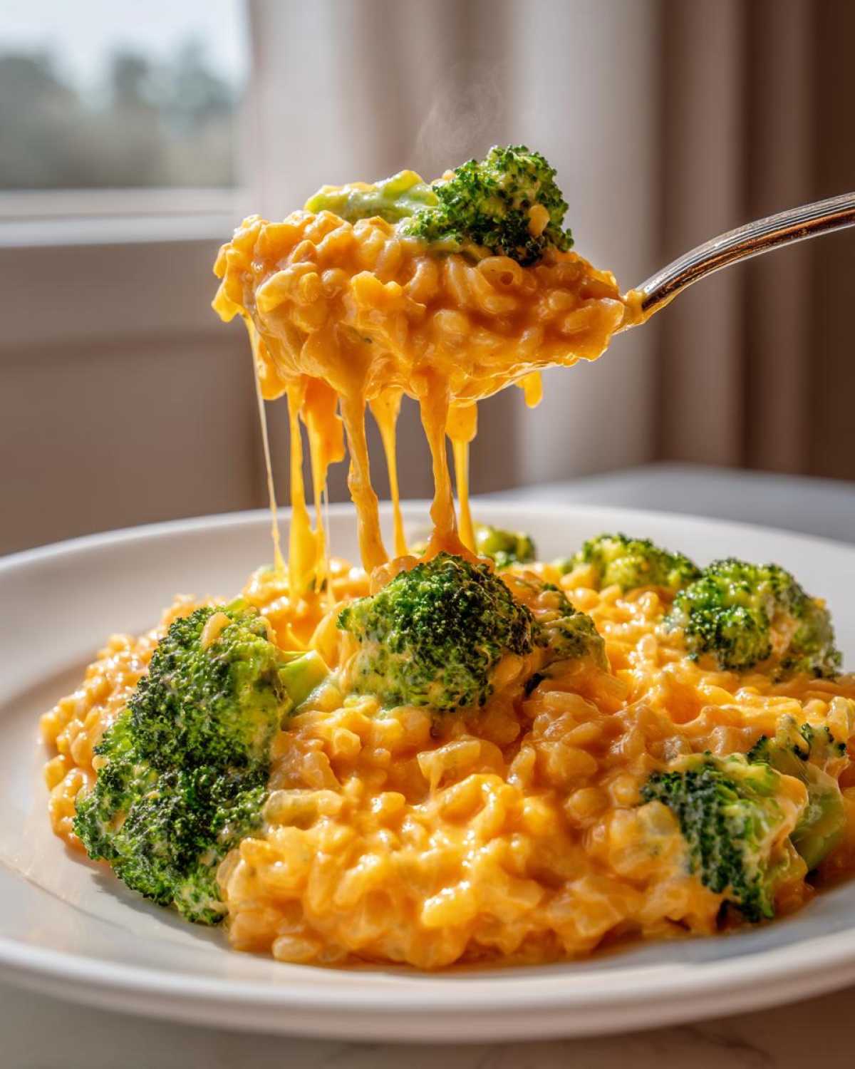 A spoonful of hot, cheesy One-Pot Creamy Broccoli Cheddar Rice being lifted, showing long cheese pulls over the main dish.