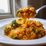 A spoonful of steaming, cheesy One-Pot Creamy Broccoli Cheddar Rice being lifted from a white bowl, showing cheese pulls.