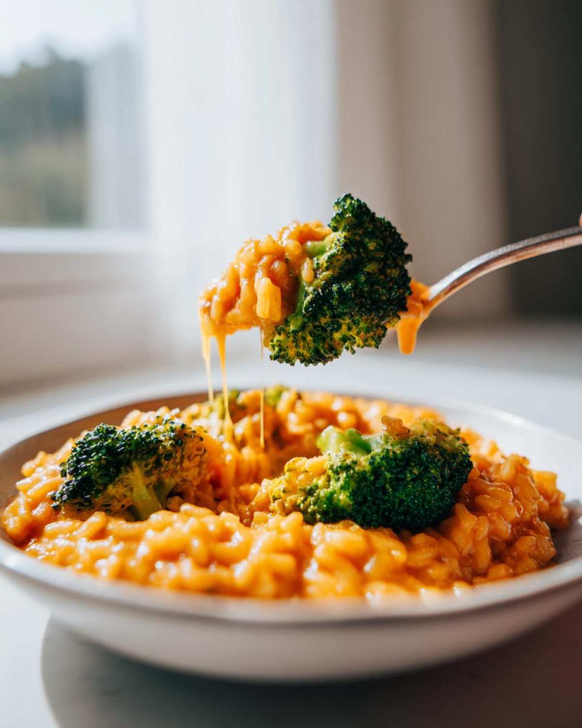 A spoonful of One-Pot Creamy Broccoli Cheddar Rice being lifted from a bowl, showing melted cheese strings.