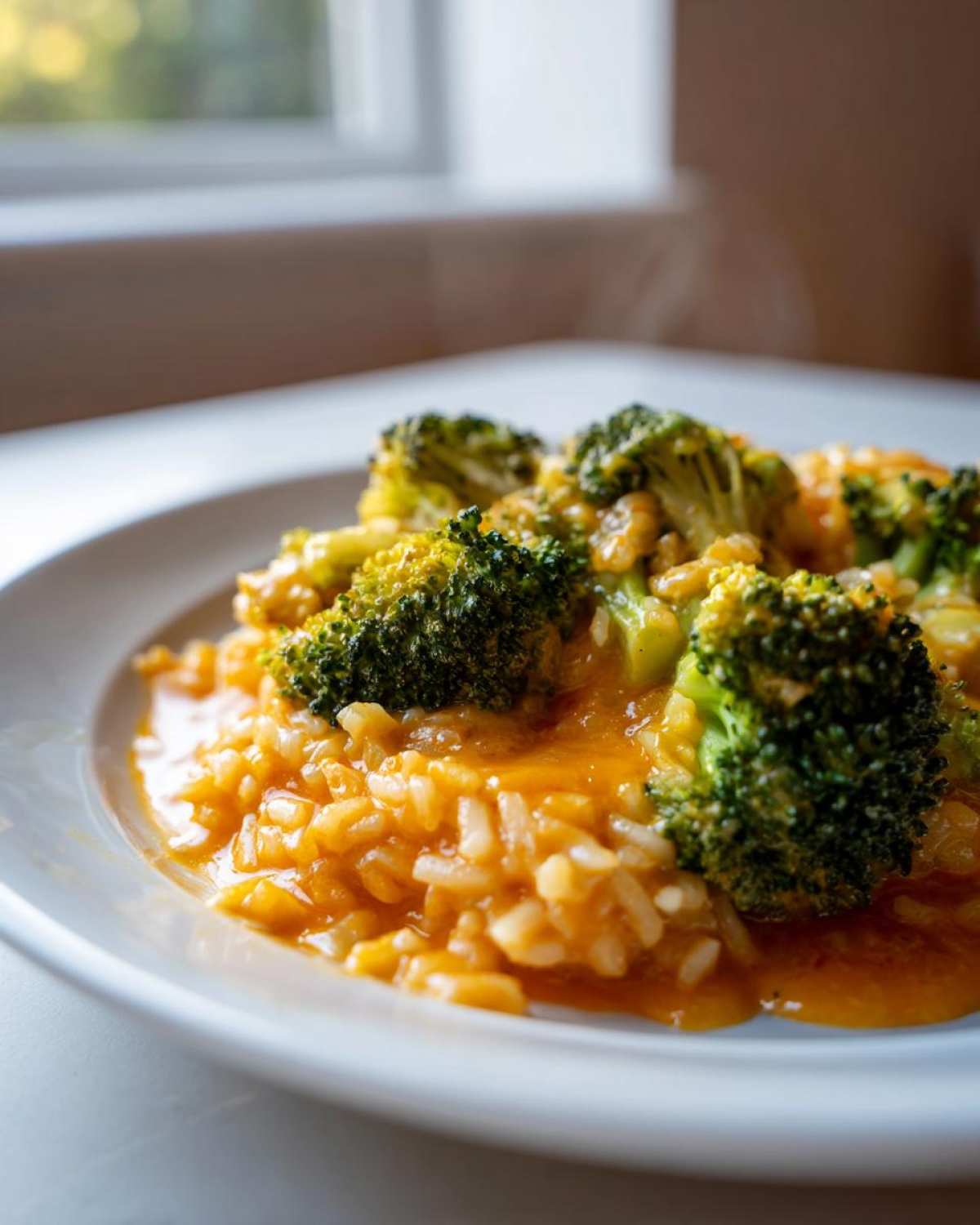 A close-up of a serving of One-Pot Creamy Broccoli Cheddar Rice on a white plate, topped with bright green broccoli florets.