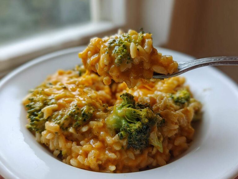 A spoonful of creamy, cheesy One-Pot Creamy Broccoli Cheddar Rice being lifted from a white bowl.