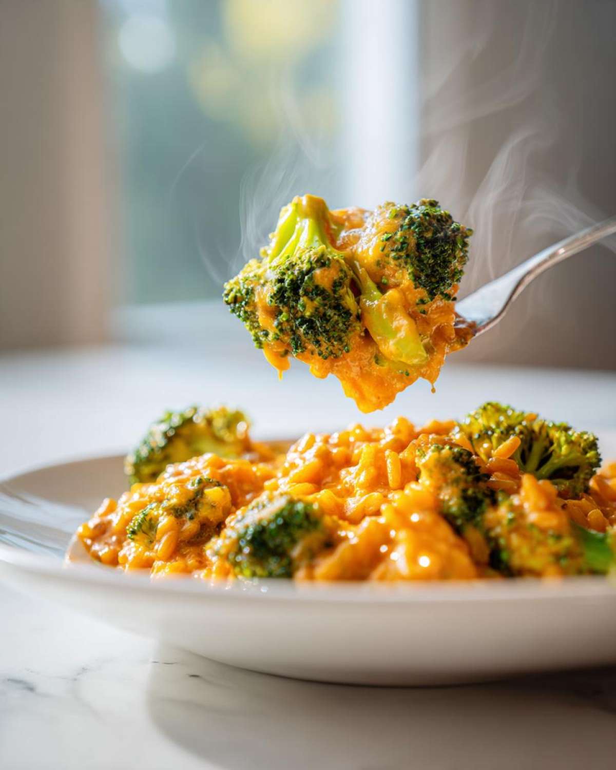A fork lifts a steaming bite of creamy broccoli cheddar rice, showing bright green broccoli florets coated in orange cheese sauce.