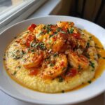 A close-up of a bowl of One-Pot Creamy Cajun Shrimp and Grits, topped with seasoned shrimp and fresh parsley.