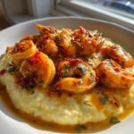 A close-up, sunlit photo of One-Pot Creamy Cajun Shrimp and Grits served in a white bowl.